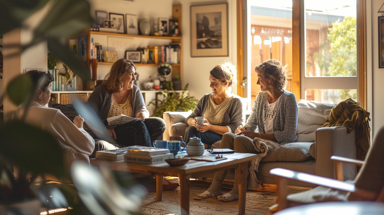 A small group of people in a cozy living room, mid-conversation with books and mugs on the coffee table