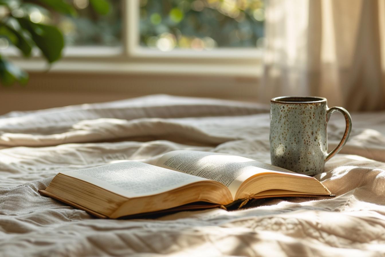 An open book resting on a linen surface beside a ceramic mug in soft morning light